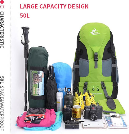 Bseash 50L Hiking Backpack, Water Resistant Lightweight Outdoor Sport Daypack Travel Bag for Camping Climbing Touring (Green - No Shoe Compartment)