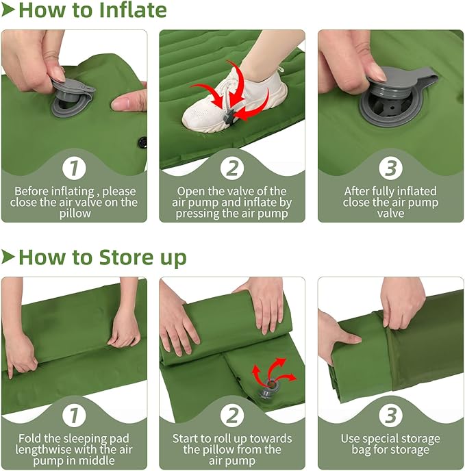 Inflating Sleeping Pad for Camping.LORPECT 4.5 in Thick Sleeping Mat .Compact Waterproof Camping Air Mattress with Pillow.Foot Pressure Inflatable Camping Pads for Backpacking & Hiking. (Green 1)