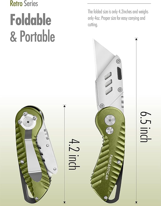 FantastiCAR Folding Utility Knife, Quick Blade Change Box Cutter, Anti-slip Metal Body, with Safety Lock and 5 Extra Blades (Retro Green)