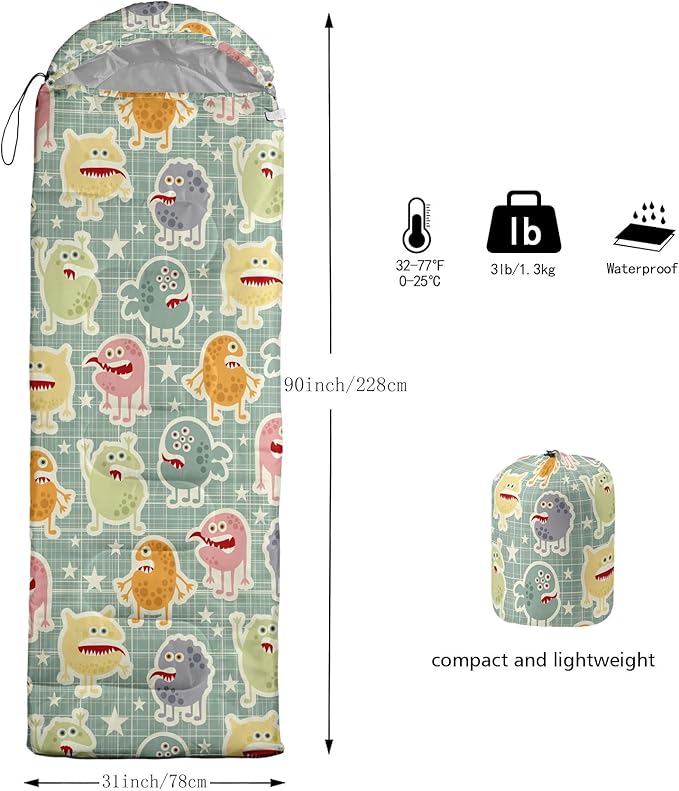 Kids Sleeping Bag for Boys and Girls,Monster Alien Print-Lightweight Warm Portable Outdoor Indoor-Waterproof Cold Weather Resistant Sleeping Bag for Camping Hiking