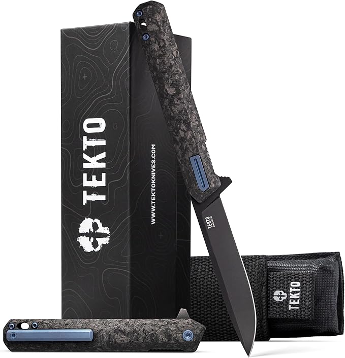 F2 Bravo Folding Pocket Knife - D2 Steel Blade, Ceramic Ball Bearings - EDC - Snap, Swift Flip for Camping, Backpacking - 2.4oz (68g), Forged Carbon Handle, Blue Titanium Accents