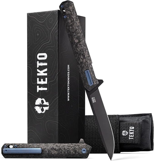 F2 Bravo Folding Pocket Knife - D2 Steel Blade, Ceramic Ball Bearings - EDC - Snap, Swift Flip for Camping, Backpacking - 2.4oz (68g), Forged Carbon Handle, Blue Titanium Accents