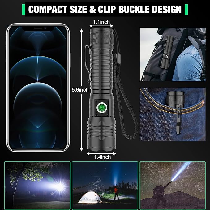 Tactical Flashlight XHP50.2 LED, 8000 Lumens, 5000mAh Battery Included, Rechargeable, Zoomable, Water Resistant, Non-slip grip, Pocket-Sized, Impact resistant, Overcharge protection
