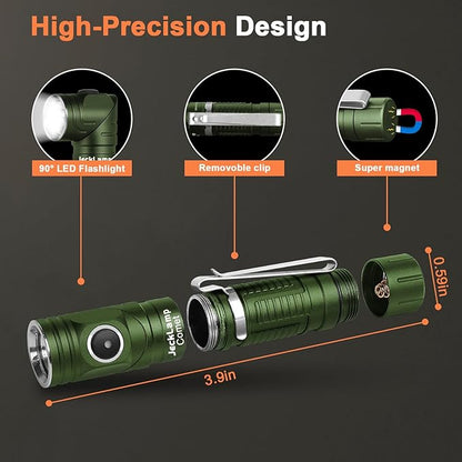 90 Degree EDC Flashlight, 1200 High Lumens Magnetic Flashlight with Clip, 6 Modes Rechargeable Led Headlamp, Pocket Tactical Flashlight for Working, Camping（Battery Included）