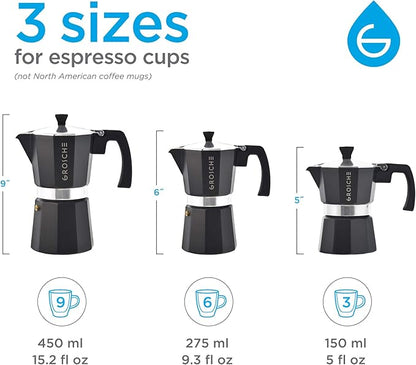 GROSCHE Milano Stovetop Espresso Maker Moka Pot Cuban Coffee Maker Stovetop Coffee Maker Moka Italian Greca Brewer Percolator | 6 Espresso Cup, Black