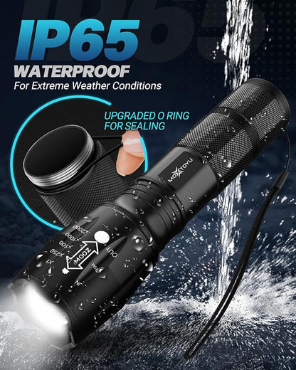 Flashlight 4 Pack, 5 Modes 2000 Lumen Tactical LED Flash Light, High Lumens Bright Waterproof Flashlights, Zoomable Flash Lights for Camping, Emergencies, Outdoor, Home, Gift for Men Adult