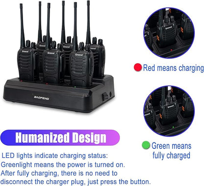 GV-8S Long Range Walkie Talkies with Six-Way Multi-Unit Charger for Adults, 6 Pack Rechargeable Walkie Talkies with 12 Li-ion Batteries, Two-Way Radio with Earpieces and Mic