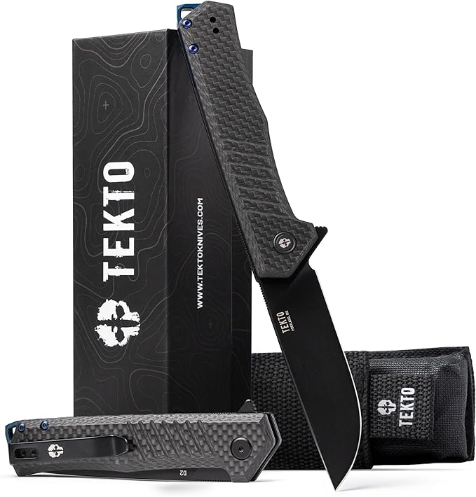 F1 Alpha Folding Pocket Knife - Modified Straight Back Blade,Titanium Coated D2 Steel, Ideal for Outdoor Camping and Backpacking, Tactical Carbon Fiber Handle, Blue Titanium Accents