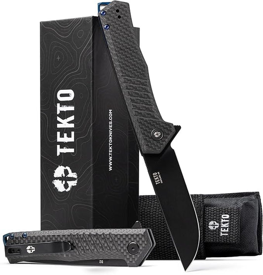 F1 Alpha Folding Pocket Knife - Modified Straight Back Blade,Titanium Coated D2 Steel, Ideal for Outdoor Camping and Backpacking, Tactical Carbon Fiber Handle, Blue Titanium Accents
