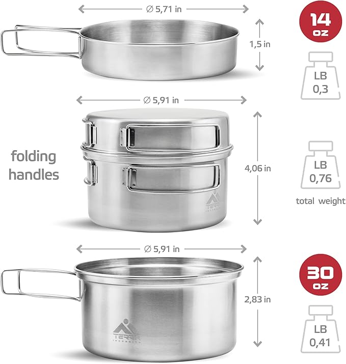 Camping Cookware Set - Stainless Steel, Lightweight, and Durable - Perfect for Camping, Hiking, Fishing, Hunting, and Backpacking - Includes Pot and Skillet Lid