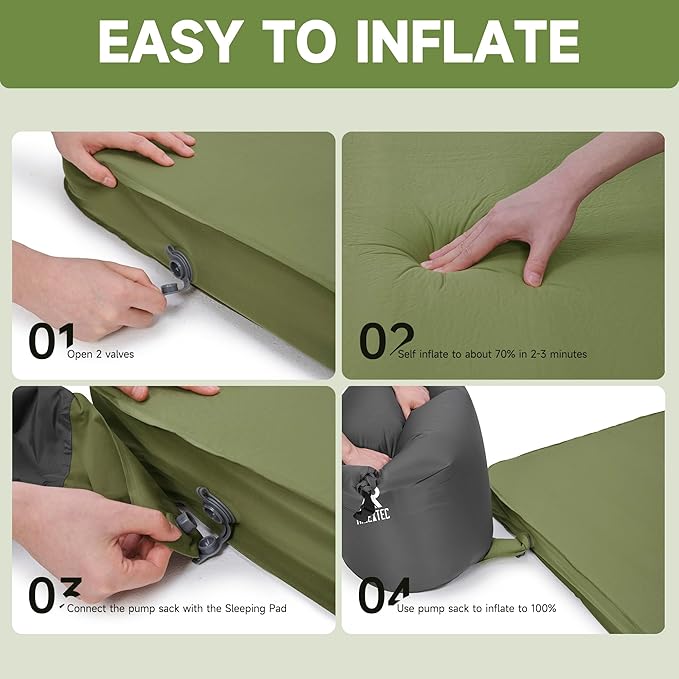 4" Thick Self-Inflating Camping Pad for Camping, Camping Sleeping Pads with Solid Foam, Sleeping Pad with Pump Sack, Compact Double Camping Sleep Bed for Tent, Car, Truck or Van