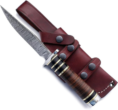 Handmade Damascus Steel Knife Bowie for Hunting,Survival,Camping,Bushcraft and Fishing Fixed Blade Dagger with Clip point Full Tang Micarta Handle, Leather Sheath - WKD-780