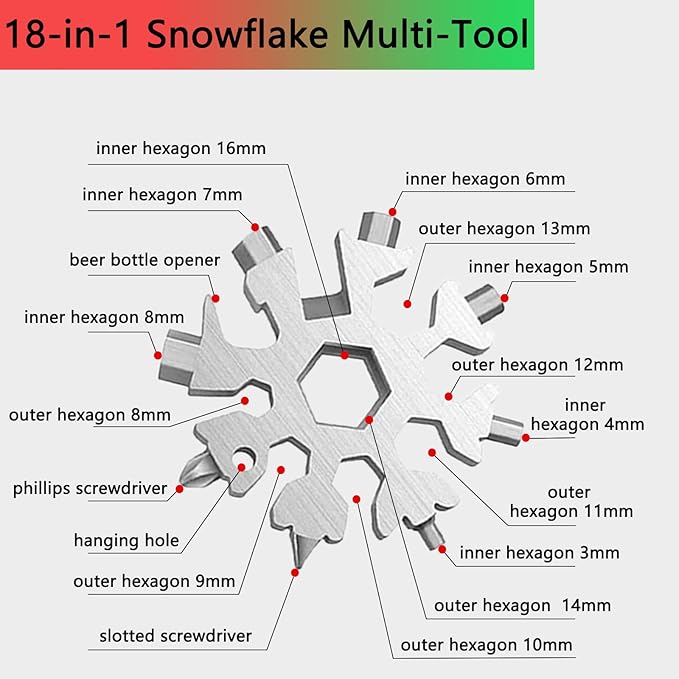 18 in 1 Snowflake Multitool,Stainless Steel Snowflake Tool for Key Chain/Bottle Opener/Flat Phillips Screwdriver Kit/Wrench,Snowflake Handy Tool as Gift for Father, Husband, Boyfriend at Christmas