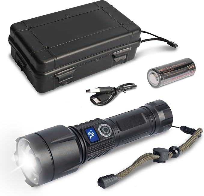 Super Bright LED Flashlight Handheld Tactical for Home Office car Camping Fishing Outdoor Emergency use, Water Resistance, zoomable 24 Hours Battery Life, Storage case 5 Mode. Power Display