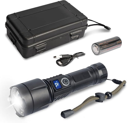 Super Bright LED Flashlight Handheld Tactical for Home Office car Camping Fishing Outdoor Emergency use, Water Resistance, zoomable 24 Hours Battery Life, Storage case 5 Mode. Power Display