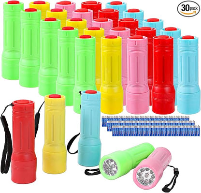 9-LED Mini Flashlight Bulk 30 Pack, Small Multicolor Kids Flashlights with Lanyard, Batteries Included, for Hurricane Supplies Party Favors, Kids Gift