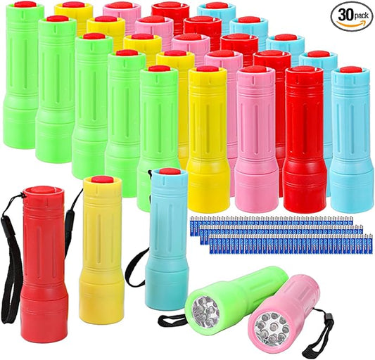 9-LED Mini Flashlight Bulk 30 Pack, Small Multicolor Kids Flashlights with Lanyard, Batteries Included, for Hurricane Supplies Party Favors, Kids Gift