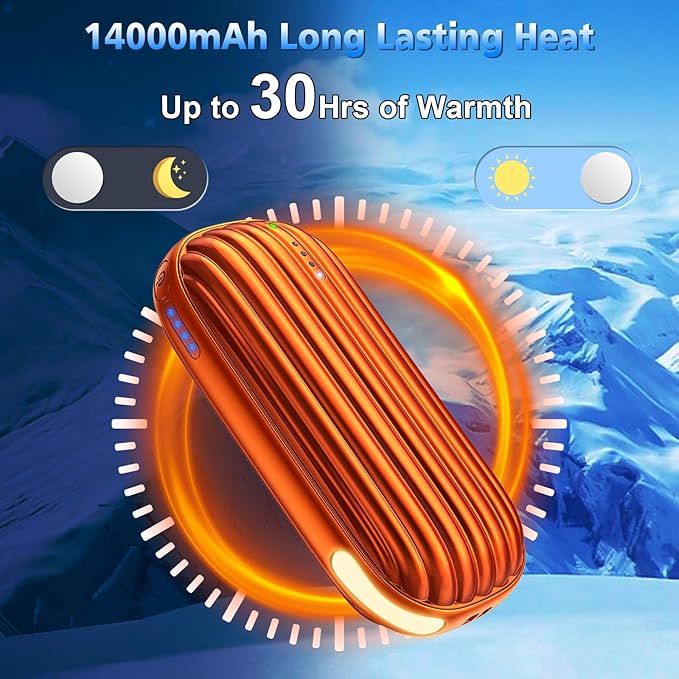 Hand Warmers Rechargeable - 14000mAh Rechargeable Hand Warmers 2 Pack, 15Hrs Warmth Heat Up to 131℉ with LED Light, USB Electric Heated Hand Warmers Reusable Power Bank for Golf, Raynauds, Camping