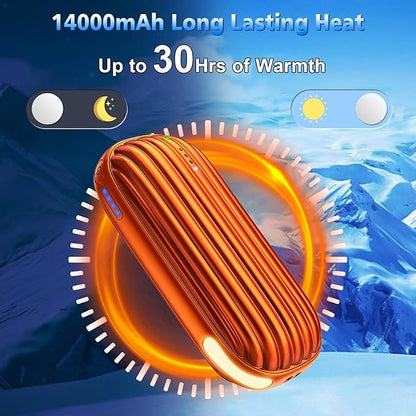 Hand Warmers Rechargeable - 14000mAh Rechargeable Hand Warmers 2 Pack, 15Hrs Warmth Heat Up to 131℉ with LED Light, USB Electric Heated Hand Warmers Reusable Power Bank for Golf, Raynauds, Camping