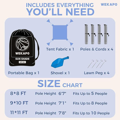WEKAPO Beach Tent Sun Shelter - Easy Setup Beach Canopy with 4 Sturdy Poles, Extra Large Sandbags and Shovel, 7'8'' Tall, Windproof Sun Shade for Backyard and Camping, UPF 50+ Protection
