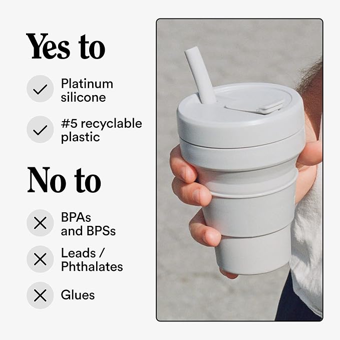 STOJO Collapsible Travel Cup With Straw – Cashmere Gray, 16oz / 470ml - Reusable To-Go Pocket Size Silicone Bottle for Hot and Cold Drinks - Perfect for Camping & Hiking - Microwave & Dishwasher Safe