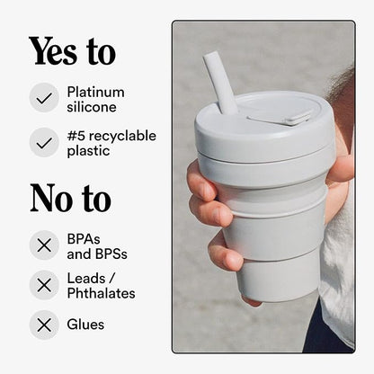 STOJO Collapsible Travel Cup With Straw – Cashmere Gray, 16oz / 470ml - Reusable To-Go Pocket Size Silicone Bottle for Hot and Cold Drinks - Perfect for Camping & Hiking - Microwave & Dishwasher Safe