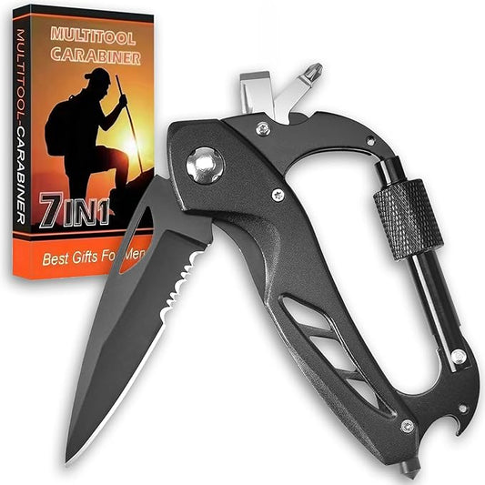 Carabiner Multitool 7-in-1, Carabiner with Pocket Knife, Serrated Folding Knife, Rope Cutter, Bottle Opener, Window Breaker, Screwdriver, Unique Gifts for Men, Outdoor Survival Gear, Camping Hiking