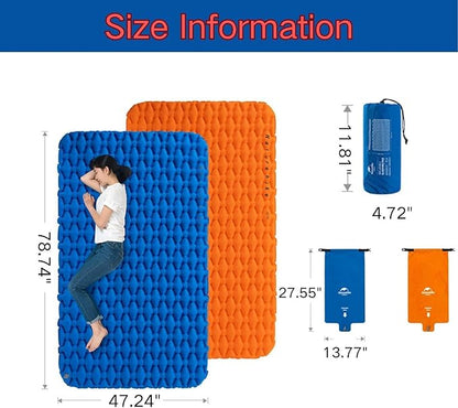 Naturehike Inflatable Double Camping Sleeping Pad, Ultralight Durable 2.55" Thickness Camping Mattress, Compact Air Mat for Hiking, Traveling, Backpacking&Outdoor (Orange)