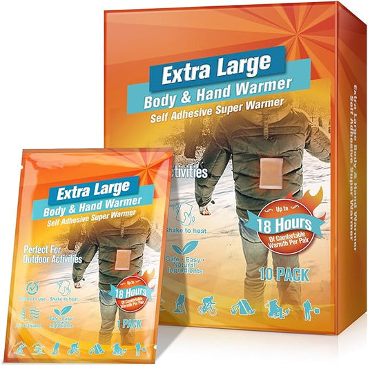 Hand Warmers, Extra Large Hot Hands & Body Warmers with Adhesives 10 Packs - Portable Pocket Warmers Disposable Hot Pads Camping Hand Warmer for Winter Outdoor Skiing Hiking