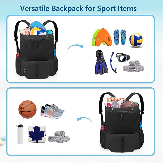 Fasrom Mesh Beach Bag Backpack with Zipper Bottom, Sport Gym Backpack for Swimming, Beach, Pool and Travel(Patent Design)