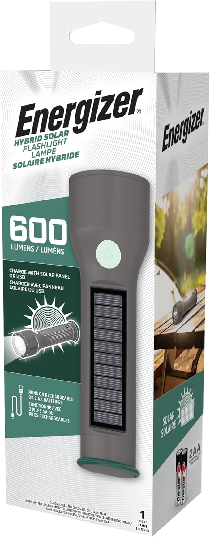 Energizer S-600 Hybrid Power LED Flashlight, Solar, Rechargeable, or AA Battery Powered, IPX4 Water Resistant Bright Flashlight