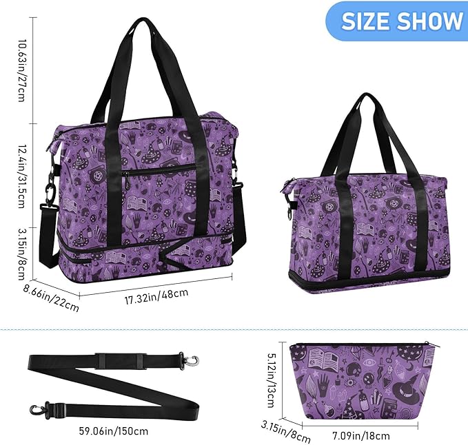 Halloween Witch Sports Gym Bag with Waterproof Dry Wet Pocket, Travel Duffel Bag for Women Men，Workout Bag Fits Yoga, Swimming