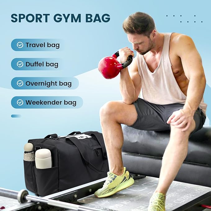 Lightweight Gym Bag for Man Women,Water Resistant Duffle Bag for Travel with Wet Pocket,Wear-resistant Weekender Overnight Duffel Bag,Travel Bag Easy to Clean Tote bag for women(Black)