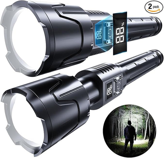 Rechargeable Flashlights High Lumens - 900000LM Super Bright Flashlight - High Power Flashlight with LCD Display, Zoomable, Waterproof, Handheld Flashlights for Emergencies, Camping - 2 Pack, Medium