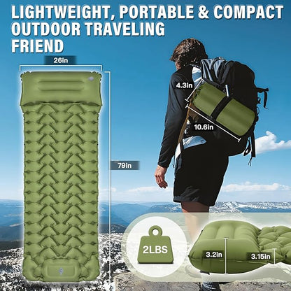 Camping Sleeping Pad 50D Ultralight Inflatable Camping Mat with Pillow Built-in Foot Pump Sleeping Mattress Waterproof Lightweight and Compact Camping Mattress for Backpacking Hiking Traveling Tent