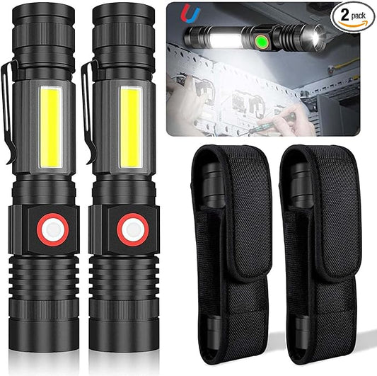 USB Rechargeable Flashlight, Magnetic LED Flashlight, 2000 Lumen Super Bright LED Tactical Flashlight with Cob Worklight,Waterproof,Zoomable Small LED Flashlight for Camping, Flashlight with Holsters