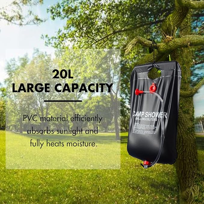 Felicia Portable Solar Heated Camp Shower Bag, 5Gallons/20L PVC Outdoor Shower Bag with Temperature 50°C On/Off Switch Shower Head for Camping Beach Hiking