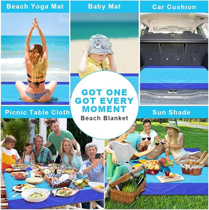 Ainiv Beach Blanket Beach Mat, Sandproof Waterproof Beach Mat, Extra Large 108 * 118 in (8-10People) Picnic Blanket with 1 Storage Bag, 1 Carabiner & 4 Fixed Nails for Beach, Camping, Hiking, Picnic