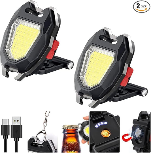 SEFONE 7 Modes COB Keychain Work Light 2 Pack, 1200 Lumens Bright Rechargeable LED Flashlight, Portable Pocket Light with Folding Bracket Whistle Lighter Magnet for Outdoor