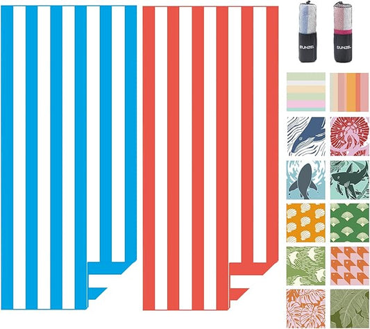 Eunzel 2 Pack Microfiber Beach Towel, Quick Dry Travel Towel Large Sand Free Towel for Beach, Camping, Swim Pool, Gym, Sports& Yoga 71"x32", Stripe Blue & Red