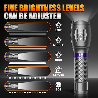 2 Pack LED Flashlights High Lumens with 6 AAA Batteries, 5 Modes Mini Waterproof Tactical Flashlight for Camping Hiking, Bright Flashlight with Zoomable, Fathers Day Dad Gifts for Him, Grey & Purple
