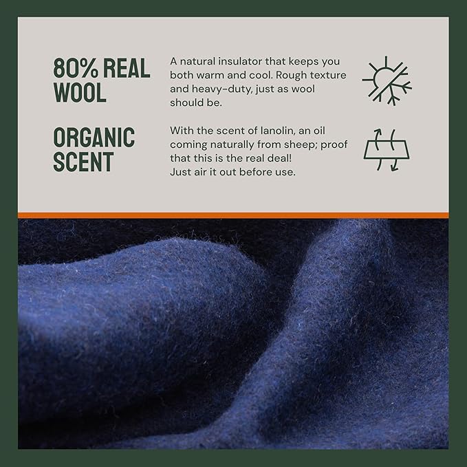 Woolly Mammoth Merino Wool Blanket - Large 66" x 90", 4LBS Camp Blanket | Throw for the Cabin, Cold Weather, Emergency, Dog Camping Gear, Hiking, Survival, Army, Outside, Outdoors – Navy Blue