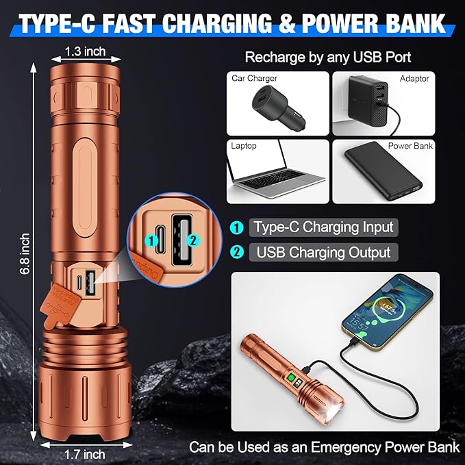 Flashlights High Lumens Rechargeable, 100000 Lumens Super Bright LED Powerful Flashlight, Type-C, 5 Modes, Zoomable, IPX5 Waterproof High Powered Tactical Flash Light for Emergency Camping,Brown