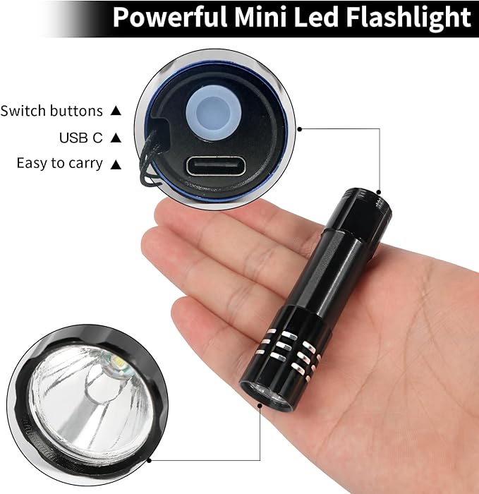 12 Pack LED Aluminum Small Mini USB C Rechargeable Flashlights, Handheld Small Flashlight Bulk for Kids, Portable Camping Bright High Lumens Flashlight Christmas Gifts