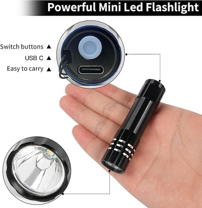 12 Pack LED Aluminum Small Mini USB C Rechargeable Flashlights, Handheld Small Flashlight Bulk for Kids, Portable Camping Bright High Lumens Flashlight Christmas Gifts