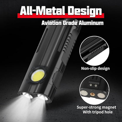Flashlight Rechargeable High Bright 1000 Lumen with COB Work Light Magnetic Base and Pocket Clip IPX4 Waterproof for Car Repairing Camping Hiking Emergency