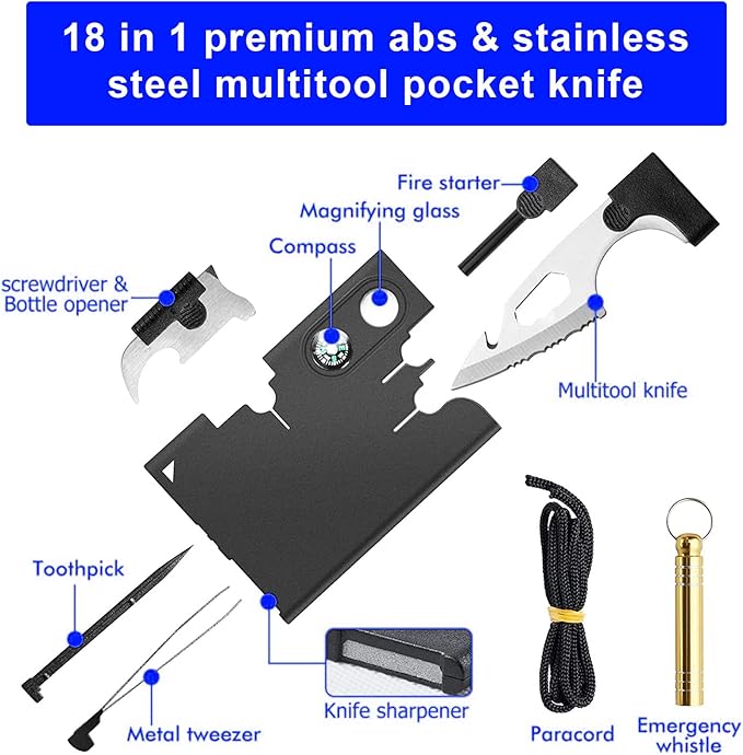 18 in 1 Credit Card Tool Survival Multitool Pocket Tool Set,2 pieces11-in-1 Survival Credit Card Multitool Gift For Men Multipurpose Tactical Wallet Tool,Best gift for men.