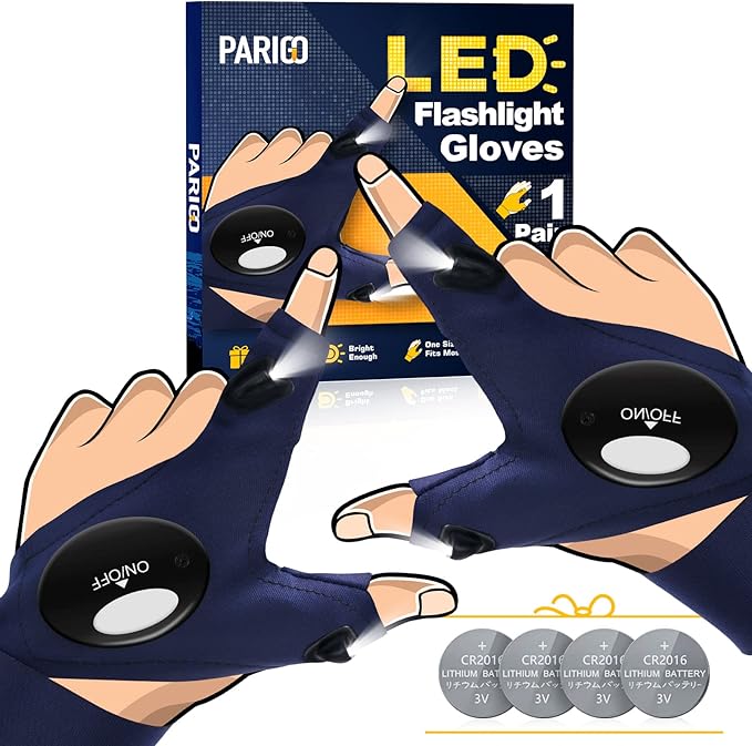 PARIGO Flashlight Gloves with Lights Gifts for Men Valentines Day Gifts for Him Boyfriend Husband Anniversary Easter Gifts Christmas Birthday Stocking Stuffers Cool Gadget Fishing Gifts