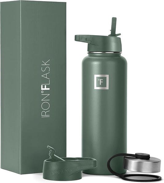 IRON °FLASK Camping & Hiking Hydration Flask, Wide Mouth, 3 Straw Lids, Stainless Steel Outdoor Water Bottle, Double Walled, Insulated Thermos, Metal Canteen - Sage, 40 Oz