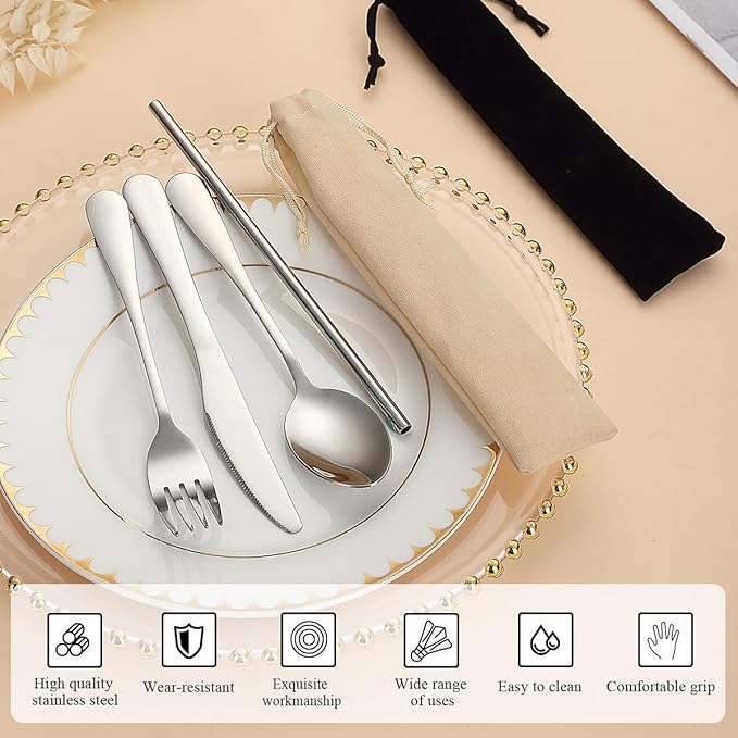Kyraton Portable Flatware, Reusable Camping Flatware, Bento Box Flatware, Silverware For School/Work/Office/Outdoor, Dishwasher Safe, Set of 2 Packs